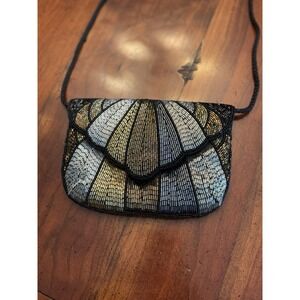 Vintage Beaded Sequin Black Gold Silver Clutch‎ Purse Evening Bag Flapper 50's